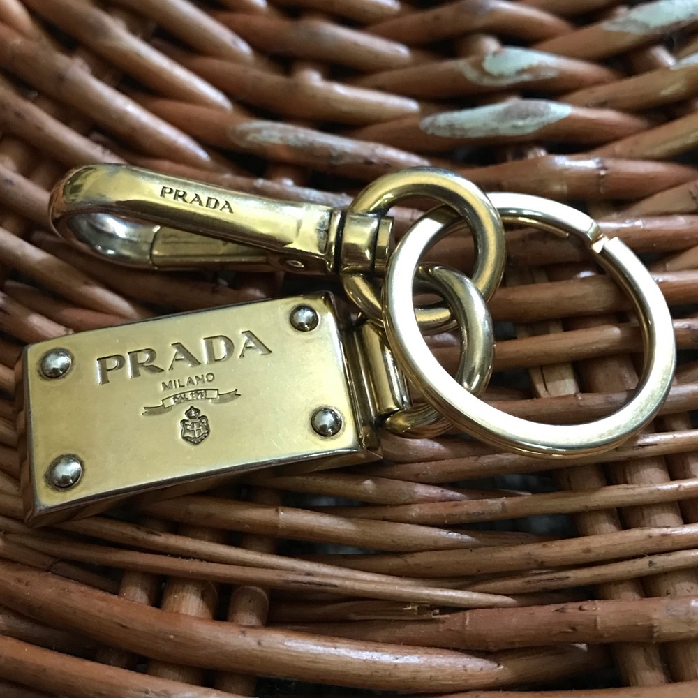 Prada Heavy Brass Dog Tag Key Fob Charm Chain Gold